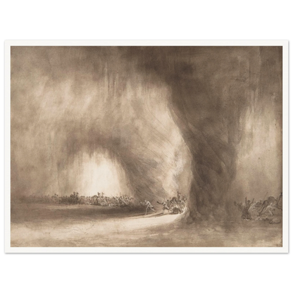 Small figures face a towering storm cloud in a sepia-toned landscape of wind and light.