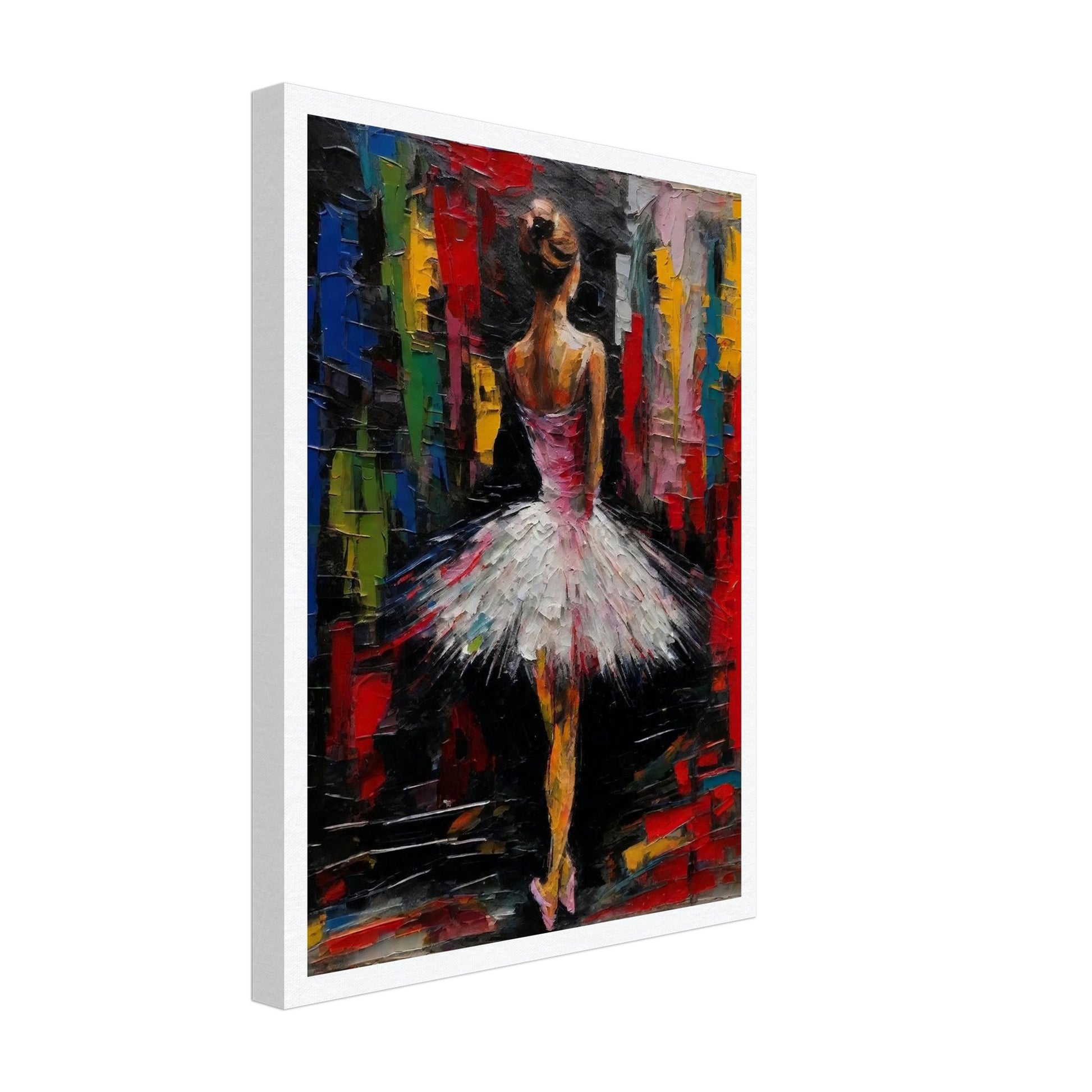 An expressive painting of a ballerina in a white tutu, standing against a vibrant, abstract background.