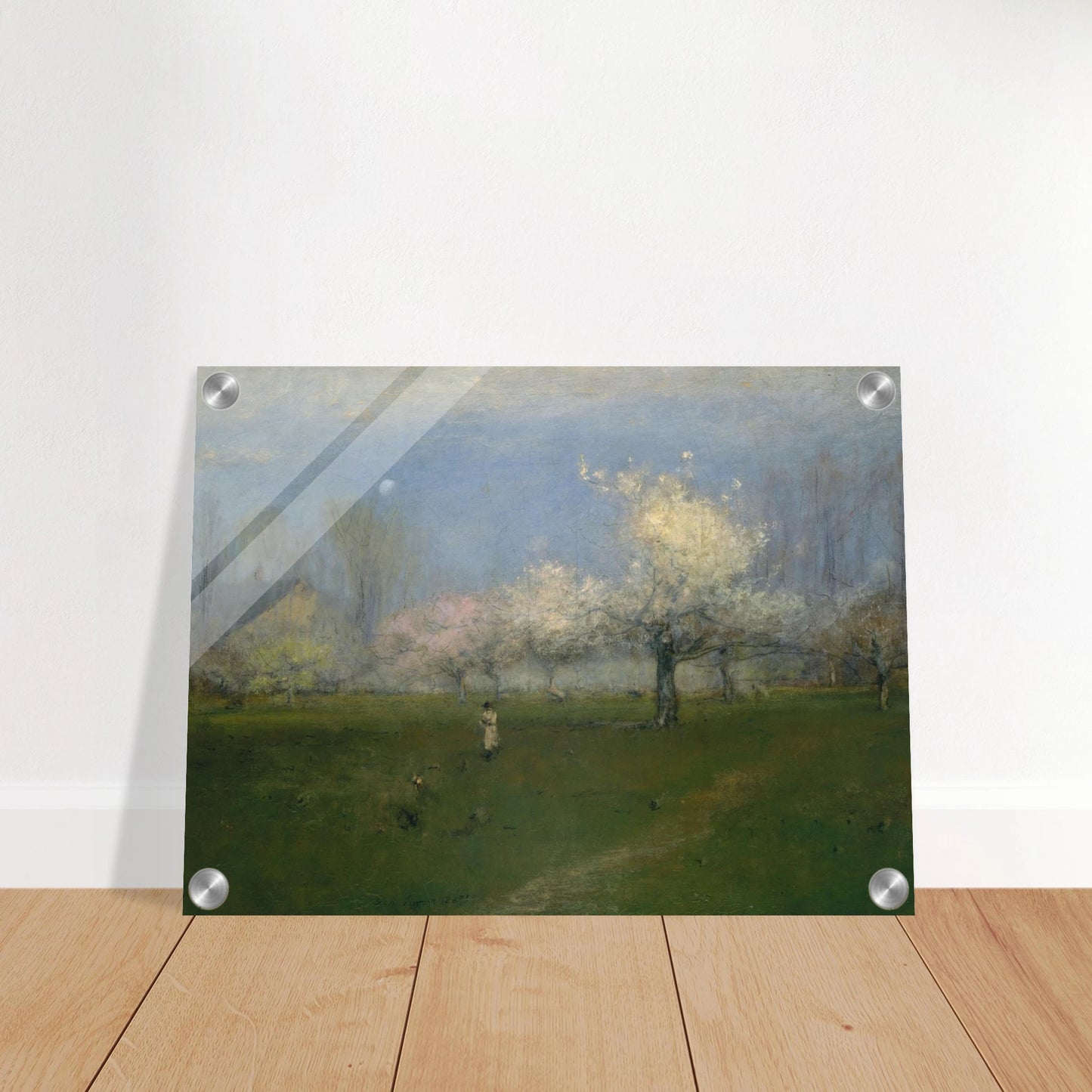Apple trees bloom across a green orchard under a pale blue sky with a small figure