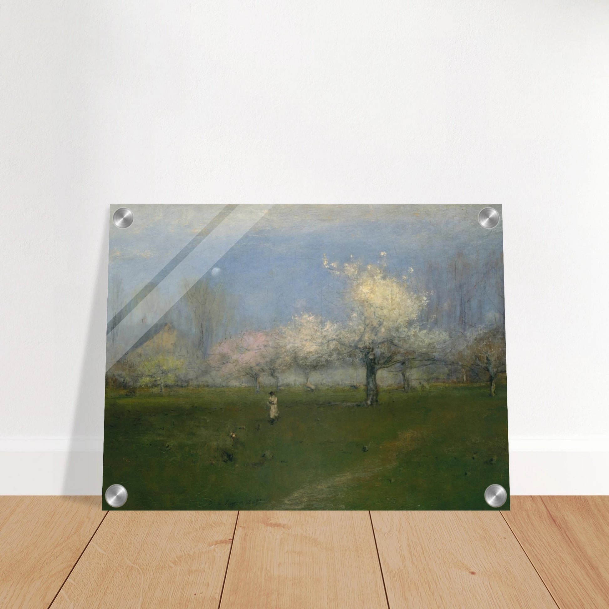 Apple trees bloom across a green orchard under a pale blue sky with a small figure