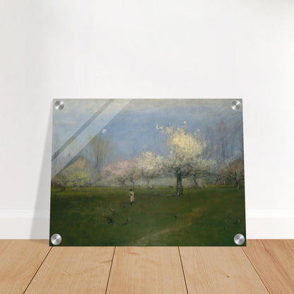 Apple trees bloom across a green orchard under a pale blue sky with a small figure