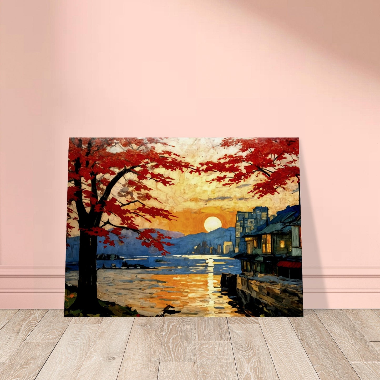 A serene sunset scene with vibrant red trees framing a peaceful waterfront, reflecting golden hues, and a distant cityscape in the background