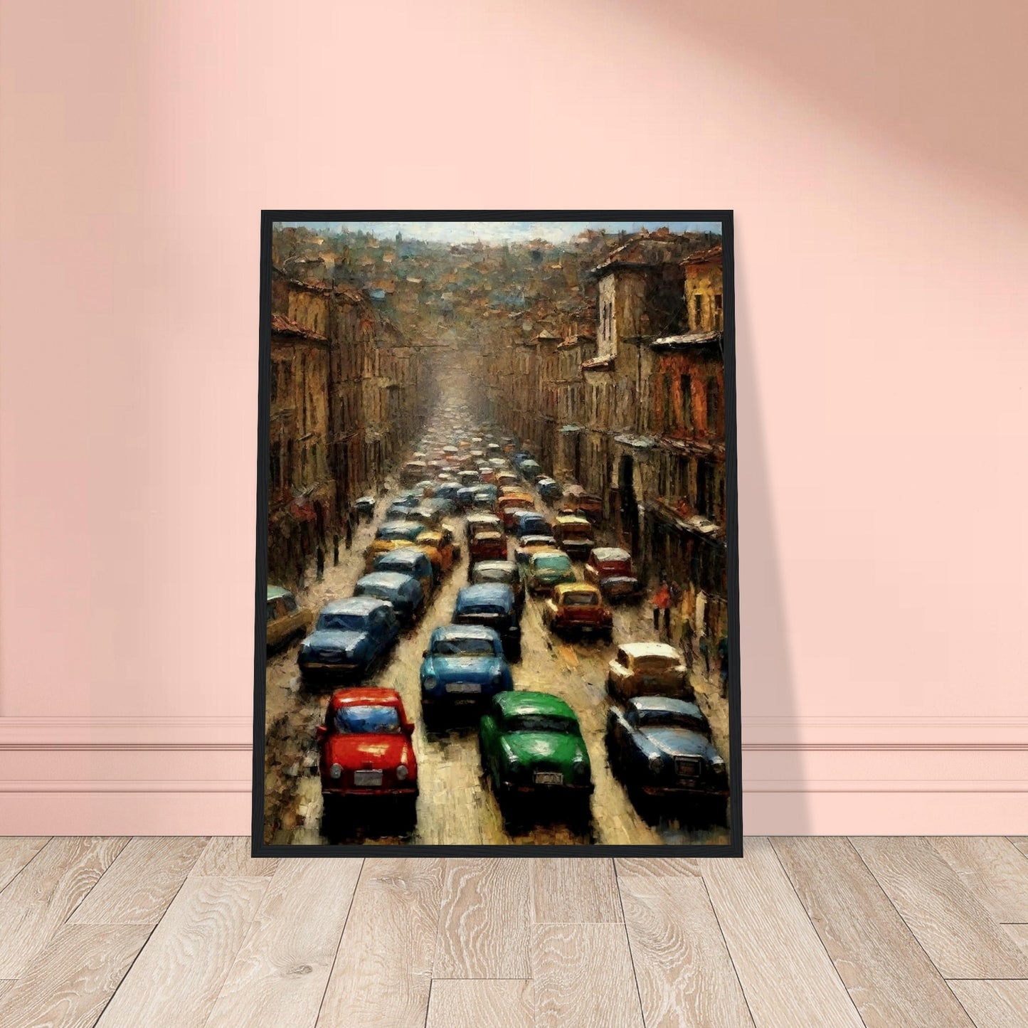 "A densely packed painting of colorful cars lined up in a busy city street, depicting the chaotic energy of a traffic jam on an urban road surrounded by tall buildings."