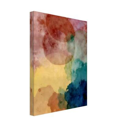 An abstract watercolor composition featuring overlapping translucent shapes in soft pink, yellow, teal, blue, and earth tones, creating a dreamy and atmospheric visual balance.