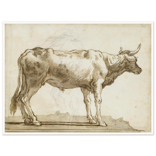 A brown ink drawing of a bullock standing in profile on a simple base against a pale background.