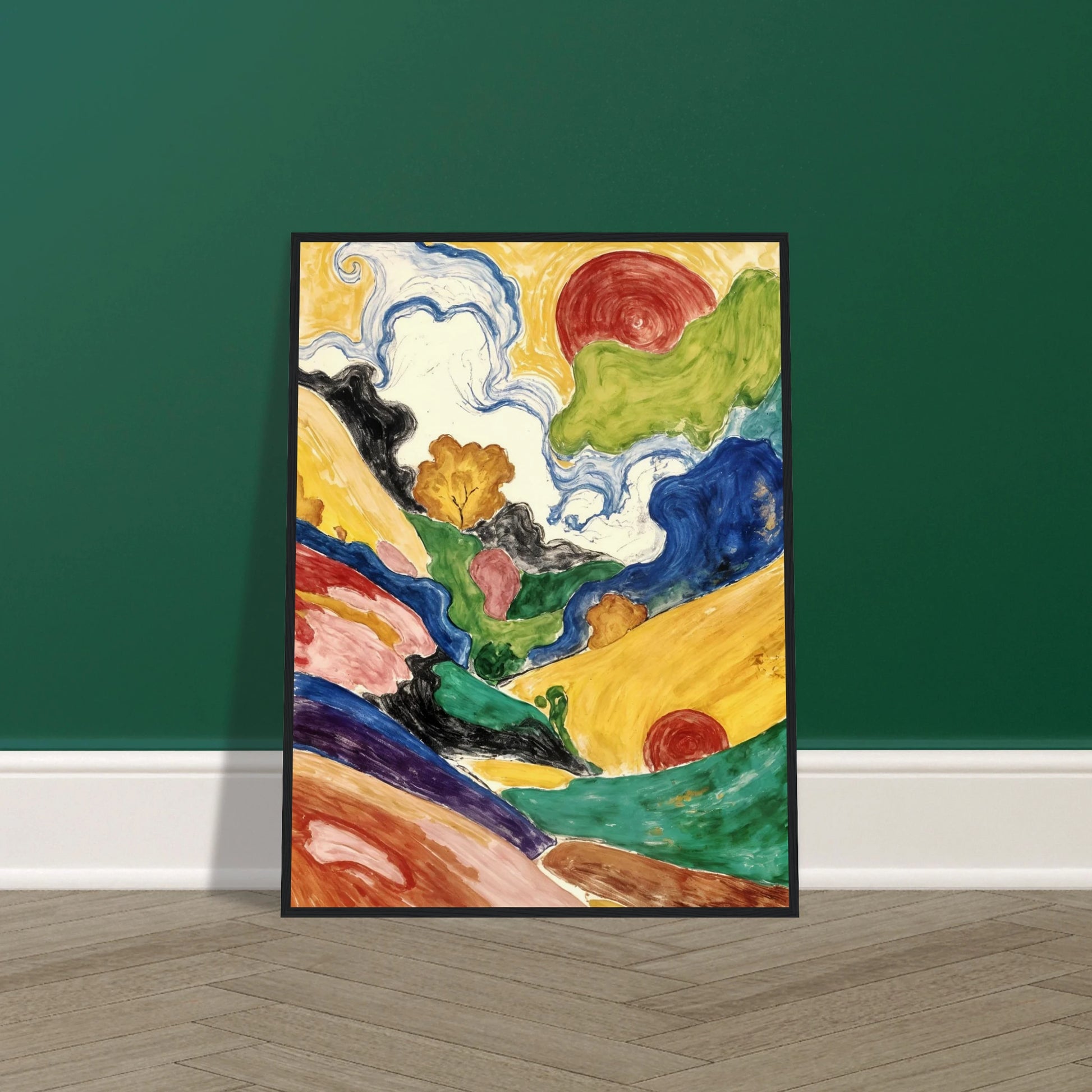 Flowing hills, swirling skies, and crimson suns weave through a vivid landscape filled with movement and color.