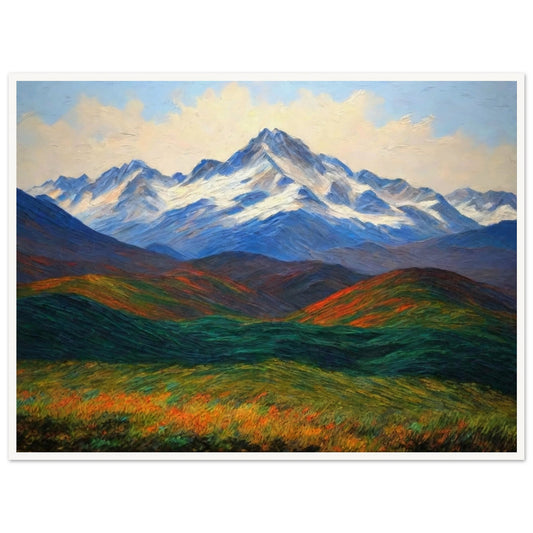 A majestic landscape painting of snow-capped mountains towering over vibrant green and orange fields, under a bright, peaceful sky.