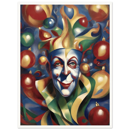 A vibrant painting of a whimsical jester with colorful face paint, surrounded by festive ornaments in red, gold, green, and blue hues.