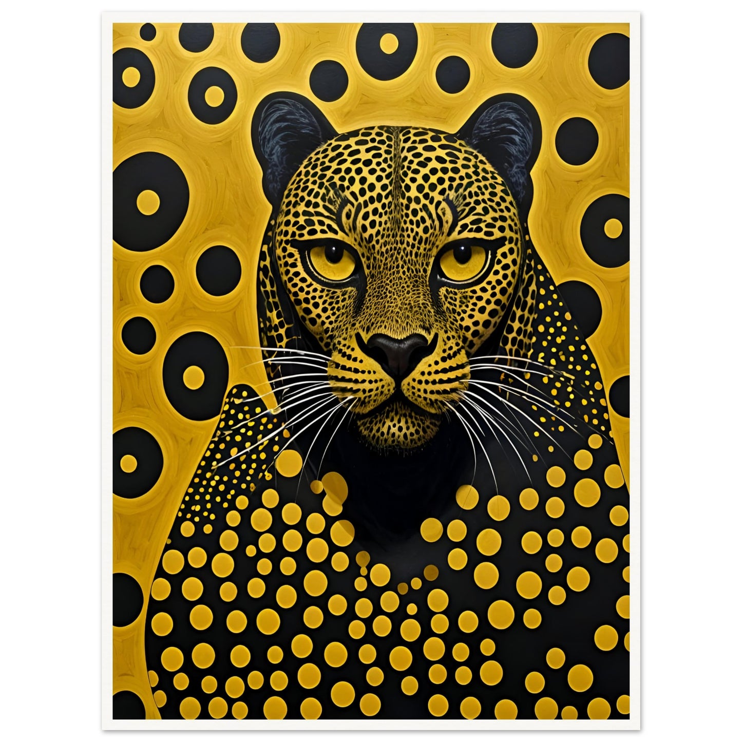 A striking portrait of a leopard with intricate golden spots, piercing eyes, and a mesmerizing geometric background of black and gold.