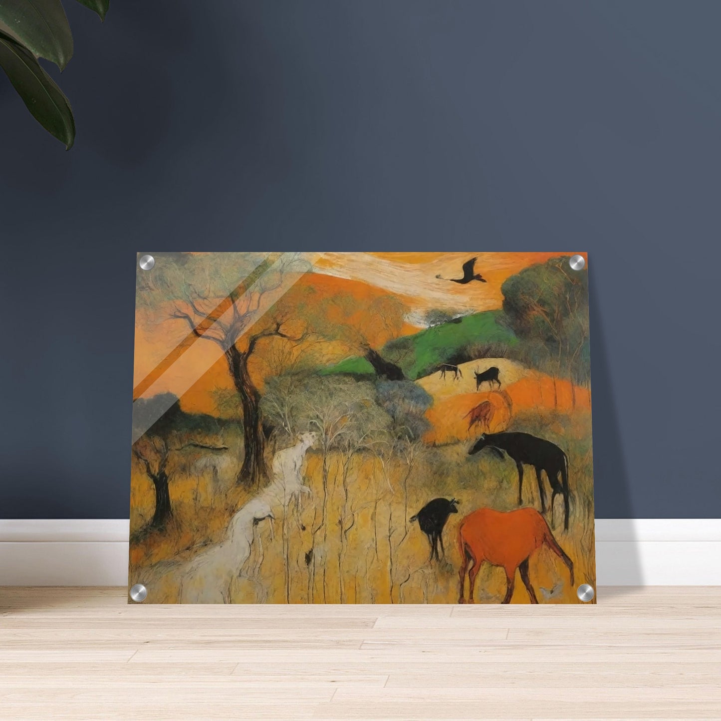 A vivid depiction of various wild animals grazing and roaming in a vibrant, colorful landscape with trees and open fields.