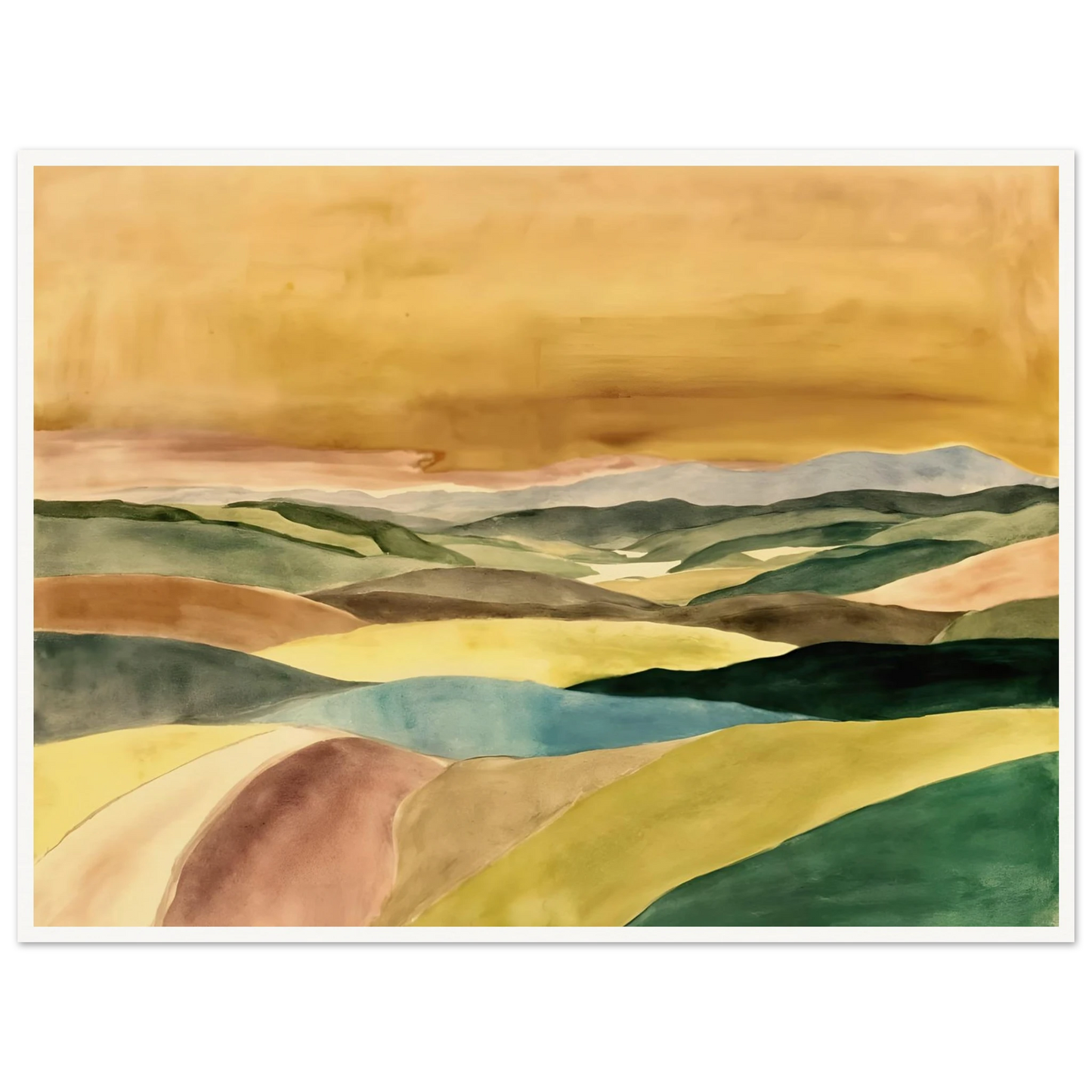 A serene landscape painting featuring layered rolling hills in shades of green, blue, cream, and brown beneath a vast golden sky. Soft contours and muted colors create a peaceful, atmospheric countryside scene stretching into the distance.