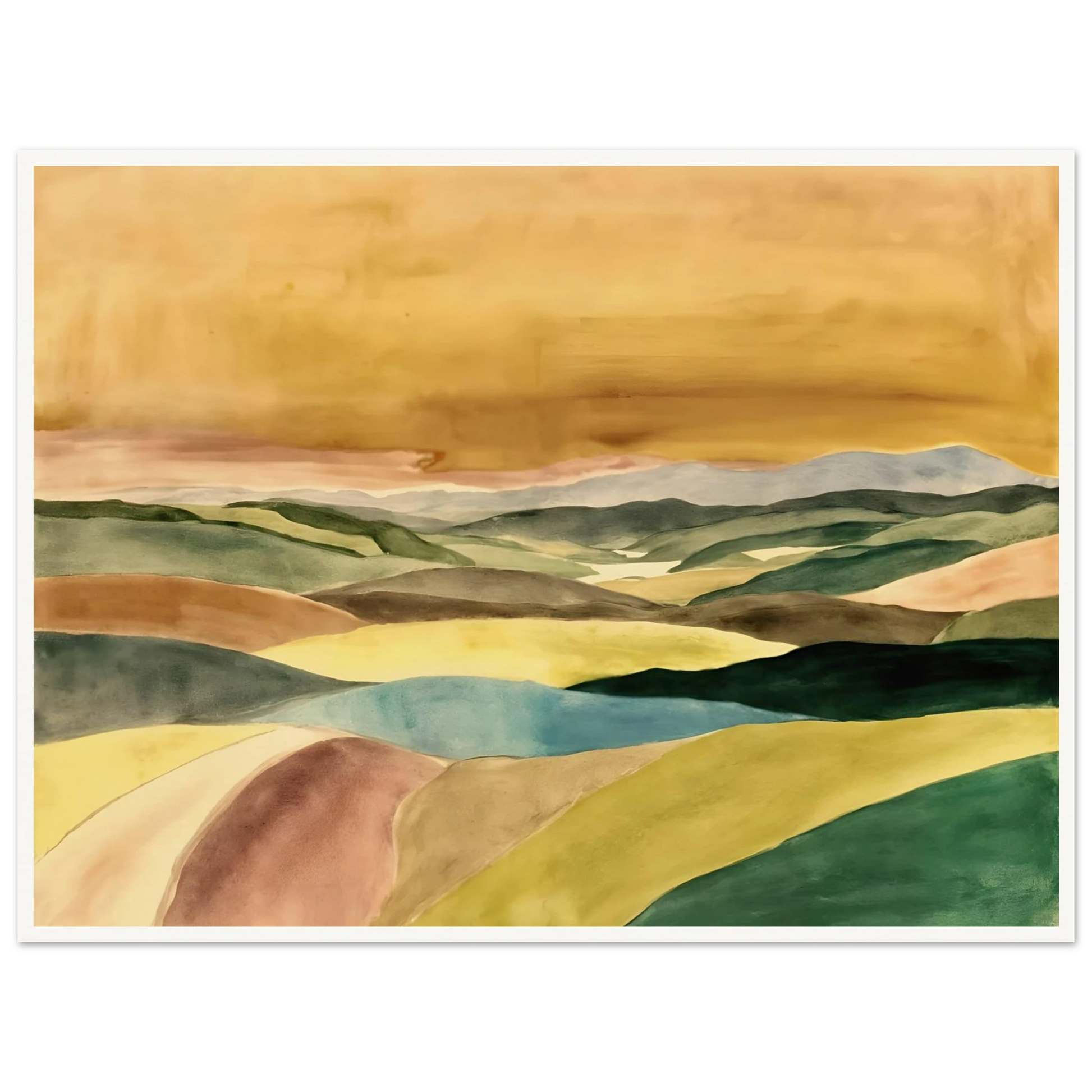 A serene landscape painting featuring layered rolling hills in shades of green, blue, cream, and brown beneath a vast golden sky. Soft contours and muted colors create a peaceful, atmospheric countryside scene stretching into the distance.