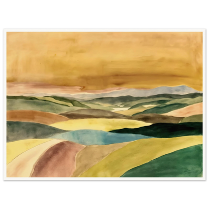 A serene landscape painting featuring layered rolling hills in shades of green, blue, cream, and brown beneath a vast golden sky. Soft contours and muted colors create a peaceful, atmospheric countryside scene stretching into the distance.