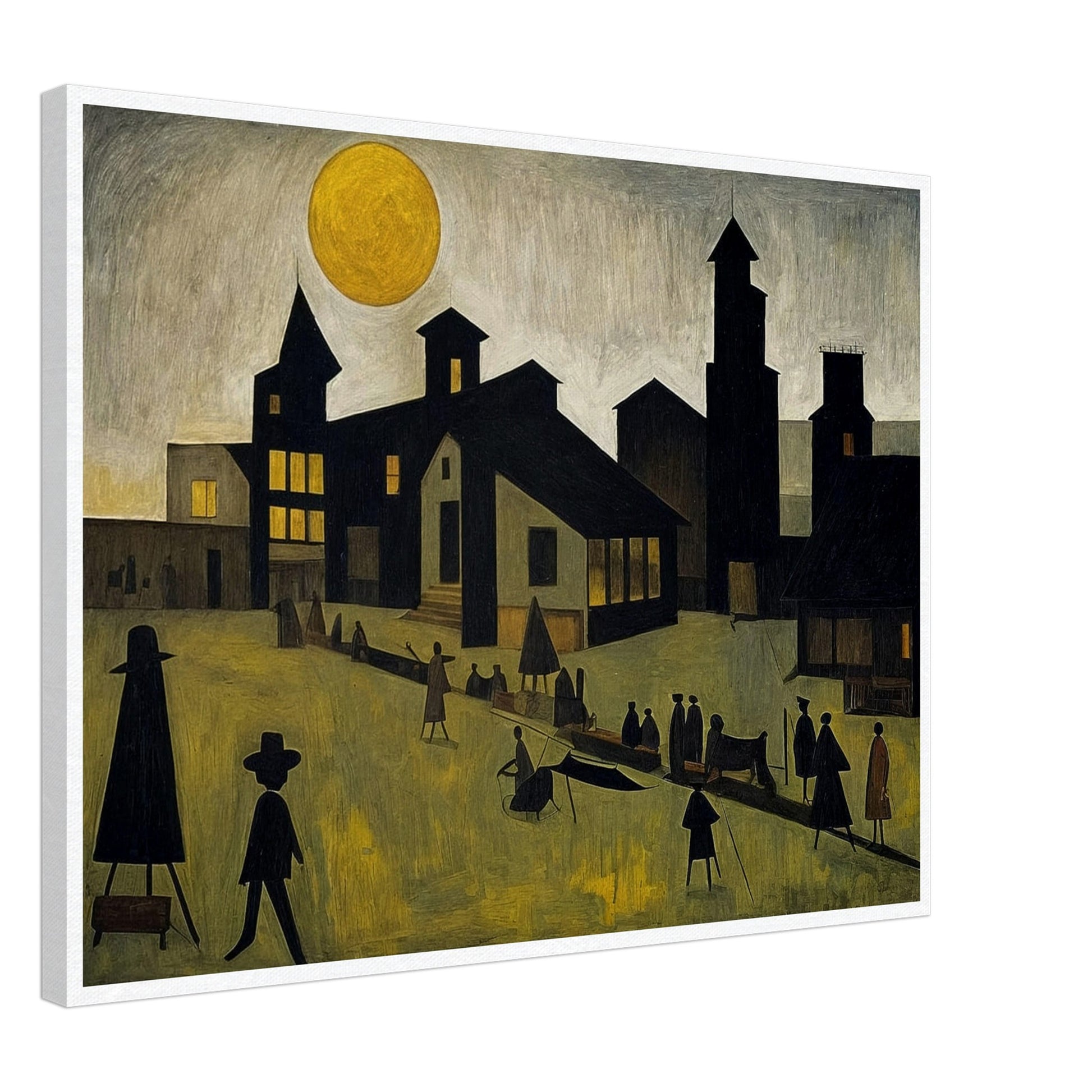 A painting depicting a town under a large sun with silhouetted figures walking and interacting in the foreground.