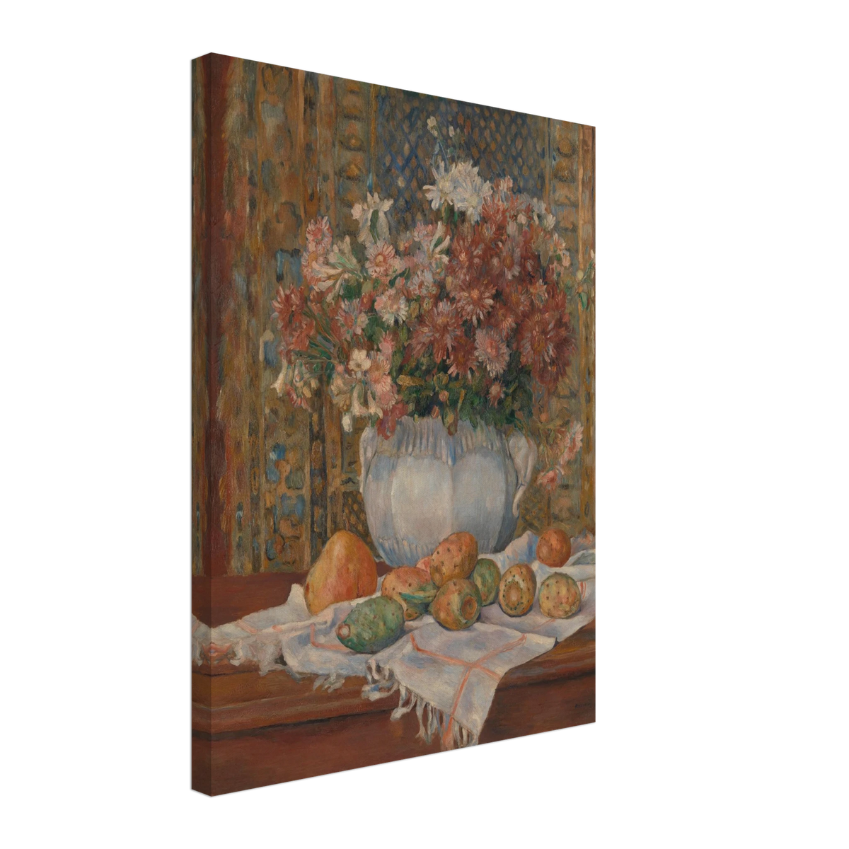 Autumn flowers in a blue vase with prickly pears and cloth on a table before a patterned screen.
