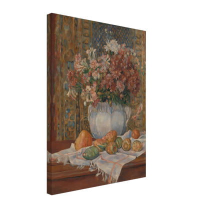 Autumn flowers in a blue vase with prickly pears and cloth on a table before a patterned screen.