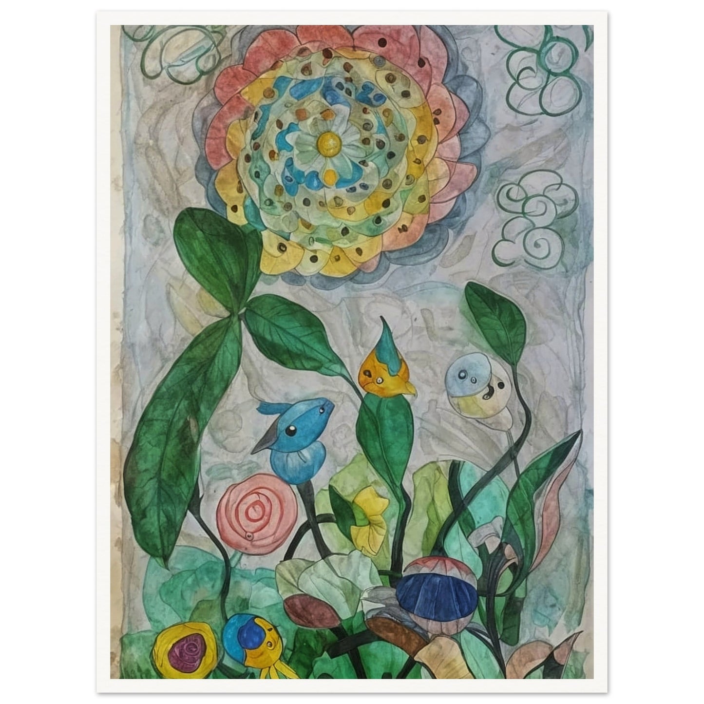 A whimsical watercolor painting of a colorful garden with abstract flowers and playful creatures.