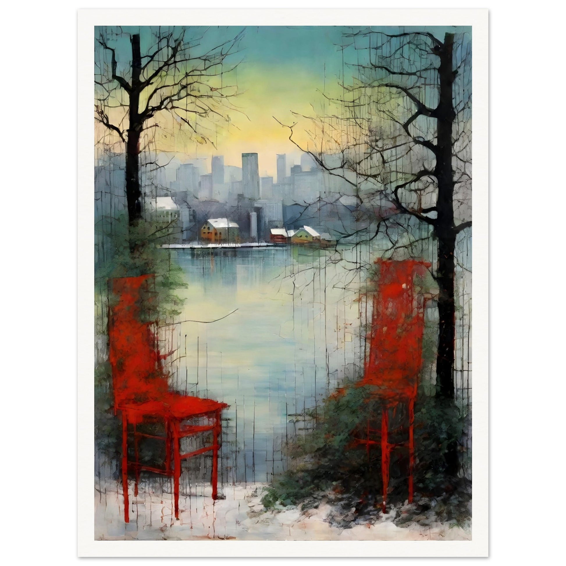 An atmospheric painting featuring two red chairs near a serene lake, framed by bare trees, with a distant city skyline at dusk