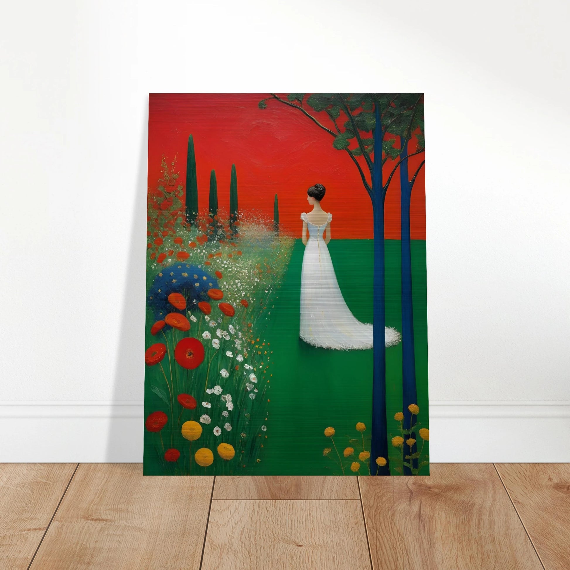 A woman in a white dress stands in a vibrant green field under a deep red sky, framed by dark trees and blooming wildflowers.