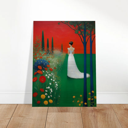 A woman in a white dress stands in a vibrant green field under a deep red sky, framed by dark trees and blooming wildflowers.