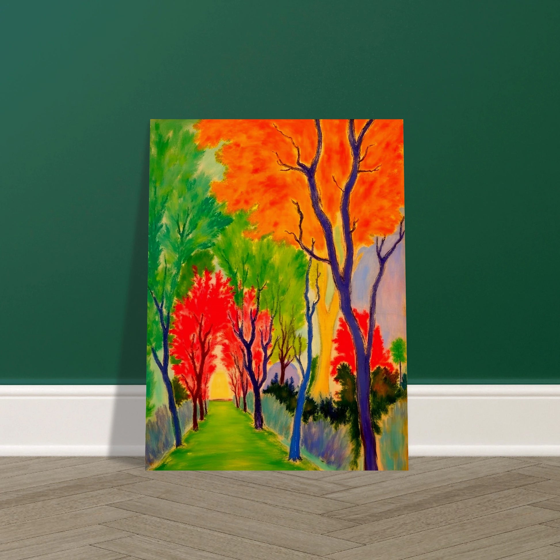 A vivid forest pathway glowing with fiery orange, green, and red trees, symbolizing nature’s changing seasons and renewal.