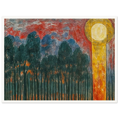 A vibrant painting of a forest with dark trees under a dramatic red and blue sky, with a glowing yellow sun.