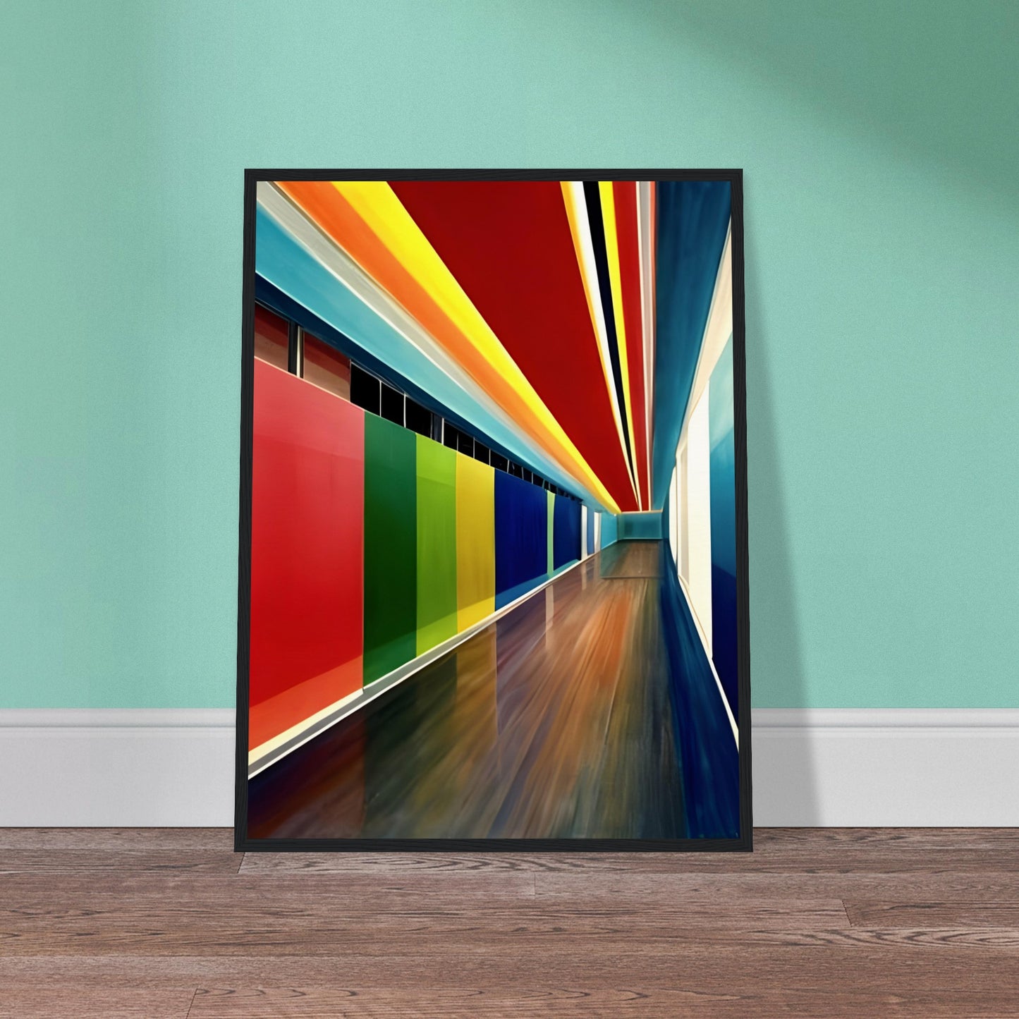 A dynamic corridor with bold, multicolored walls and ceiling, featuring deep reds, blues, yellows, and greens, creating a sense of depth and motion.