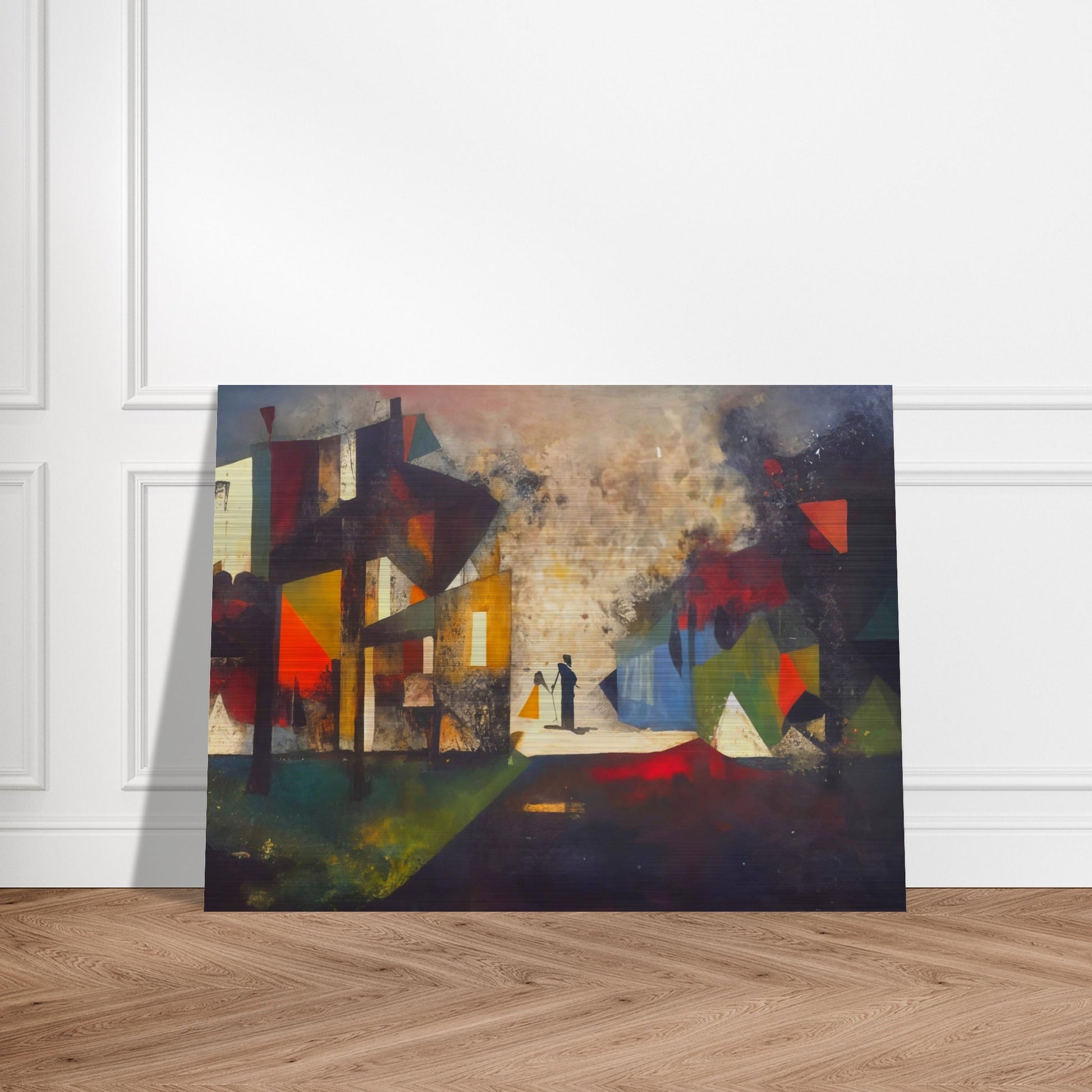 Abstract painting with silhouettes of two figures in a fragmented geometric cityscape, featuring vibrant hues of red, blue, and yellow.