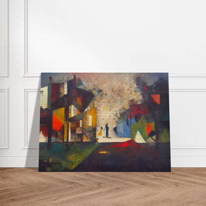 Abstract painting with silhouettes of two figures in a fragmented geometric cityscape, featuring vibrant hues of red, blue, and yellow.