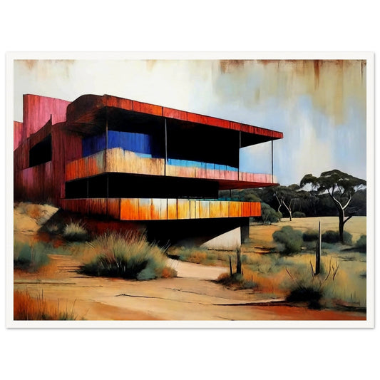 A modern, rustic architectural structure with warm tones of red and orange, blending into a desert landscape with soft brush and distant trees.