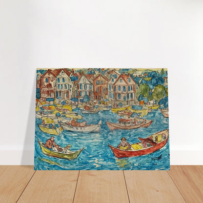 Colorful depiction of a lively harbor with boats and people on a sunny day, with charming houses lining the waterfront.