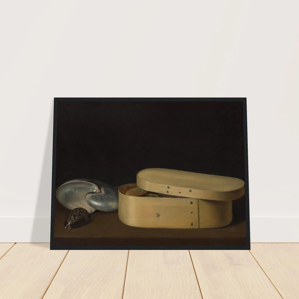 A chip-wood box with shells, dried fruit, and fish rests against a dark background.