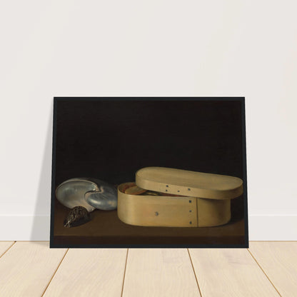 A chip-wood box with shells, dried fruit, and fish rests against a dark background.