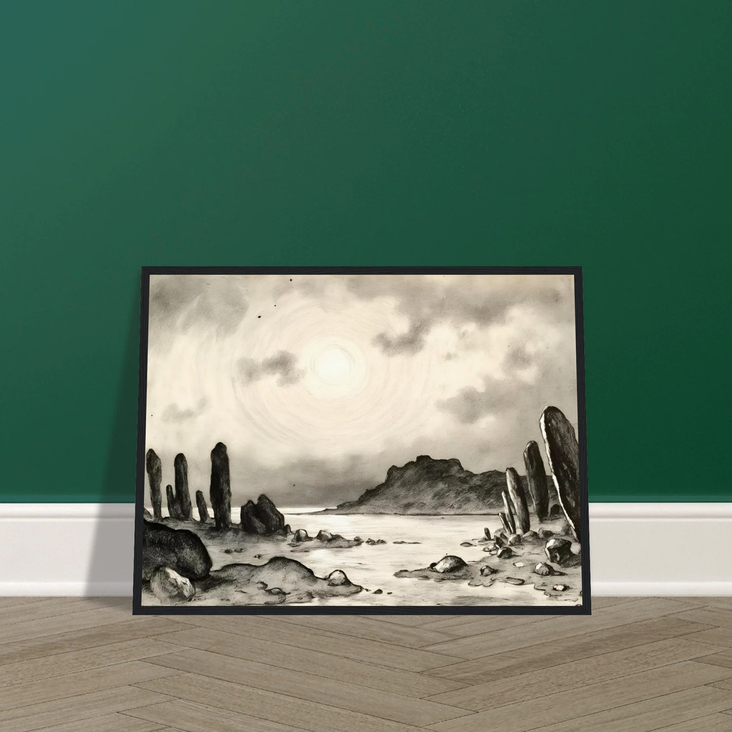 Monochrome dreamscape of towering stone formations beside a tranquil shore beneath a glowing celestial sky, evoking mystery and timeless solitude.