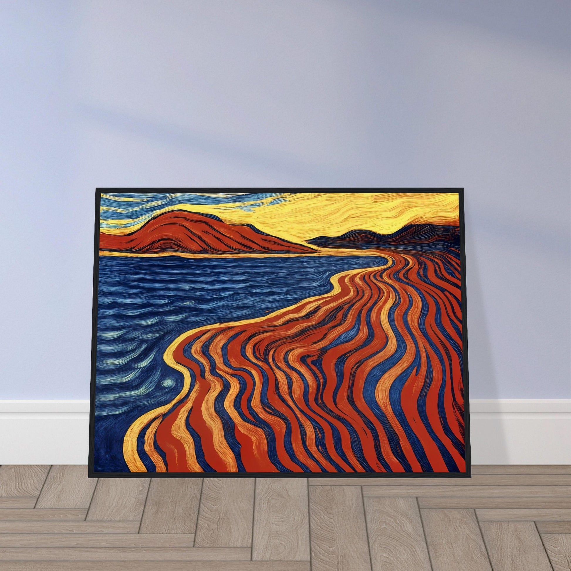A bold coastal painting with flowing red, blue, and gold lines merging land and sea in a fiery, rhythmic motion.