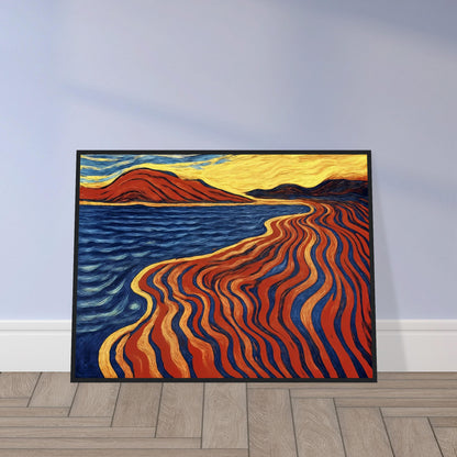 A bold coastal painting with flowing red, blue, and gold lines merging land and sea in a fiery, rhythmic motion.