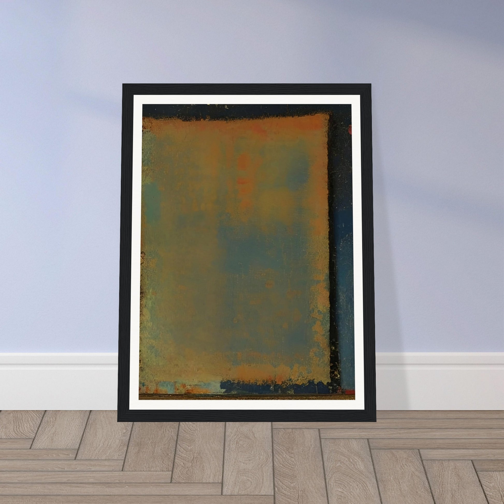 A serene abstract painting with shades of blue, orange, and yellow blending softly together in a rectangular form.