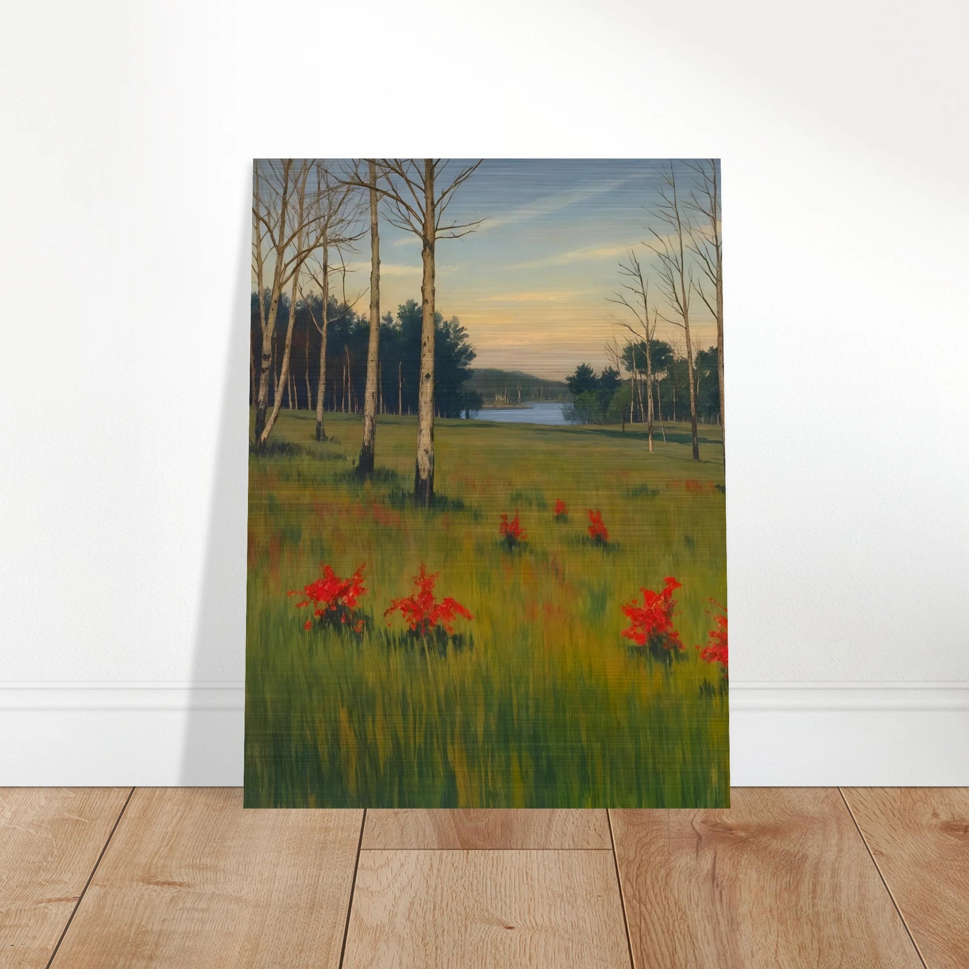 A tranquil meadow with red wildflowers, slender trees, and a calm lake in the distance under a soft pastel sky.