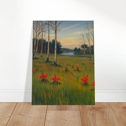 A tranquil meadow with red wildflowers, slender trees, and a calm lake in the distance under a soft pastel sky.