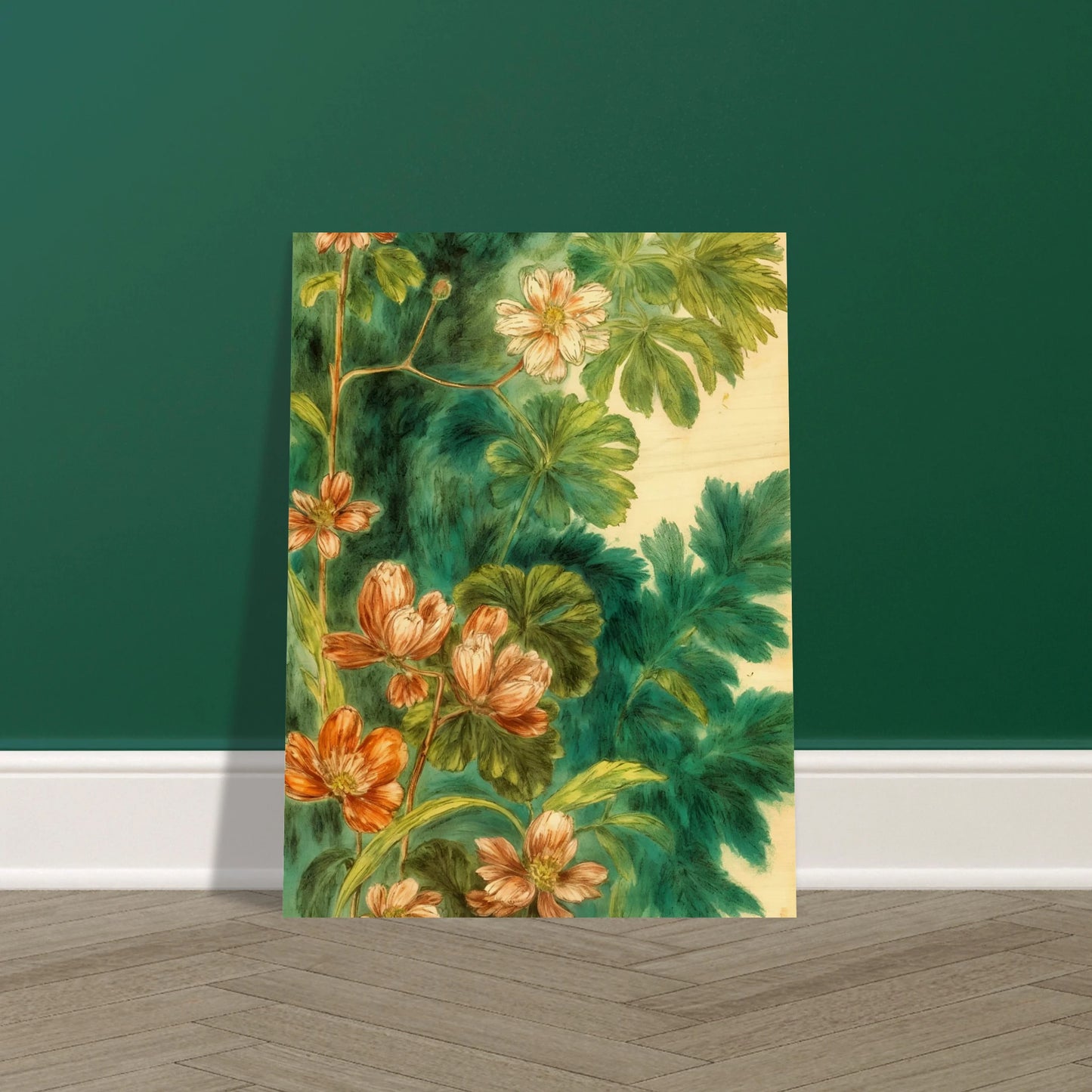 Delicate peach blossoms and layered green leaves drift across a lush teal backdrop, creating a botanical tapestry of softness and movement.