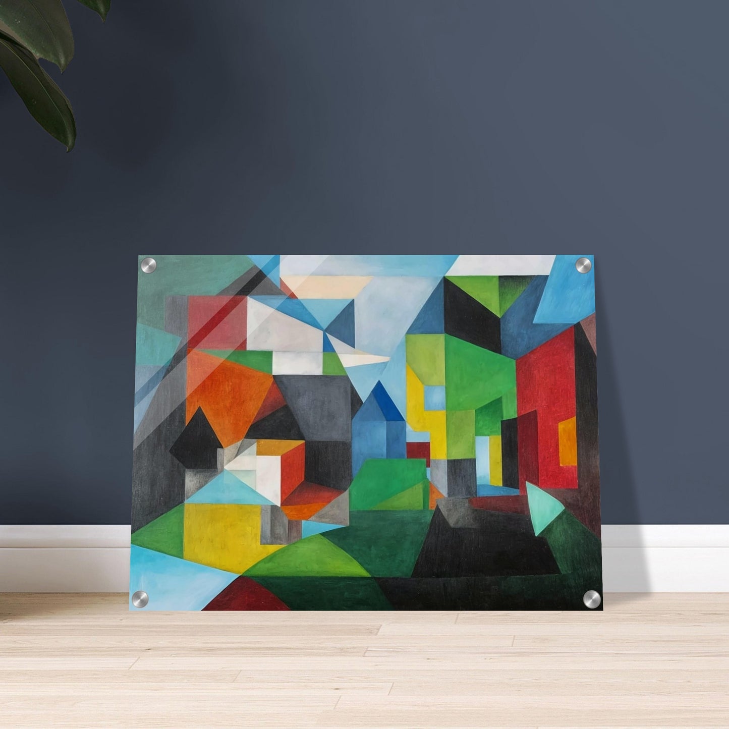 Abstract painting with vibrant geometric shapes forming a village-like scene with houses and landscapes.