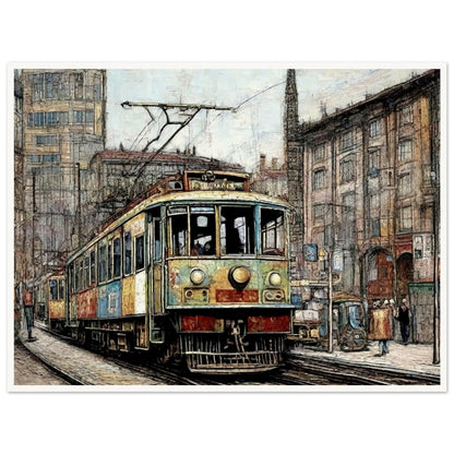 "A detailed painting of a vintage tram traveling through a bustling city street, surrounded by old buildings and a busy urban environment, evoking a nostalgic feel."