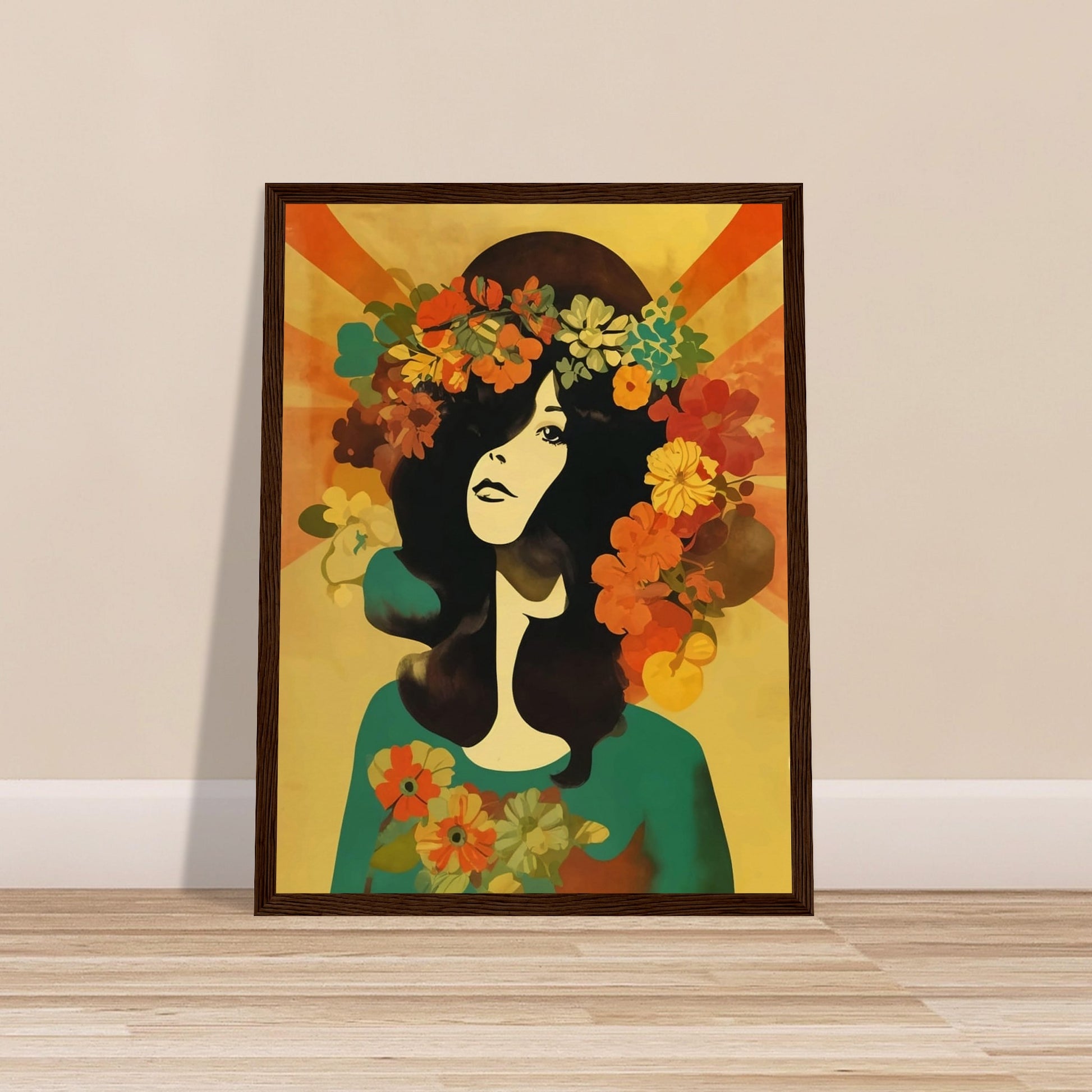 Stylized portrait of a woman with dark hair adorned with a crown of vibrant flowers against a warm, golden background.