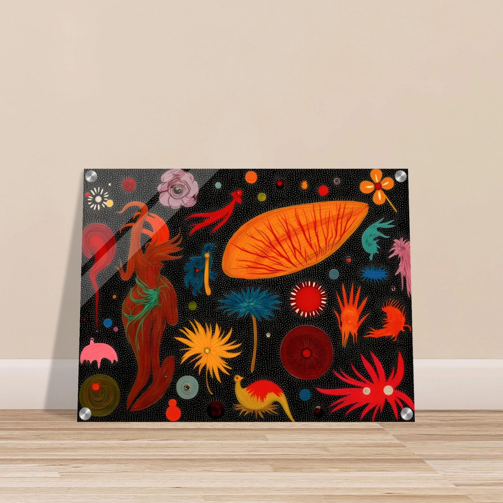 A vivid constellation of surreal floral and animal-like forms scattered over a black dotted background in bright, playful colors.
