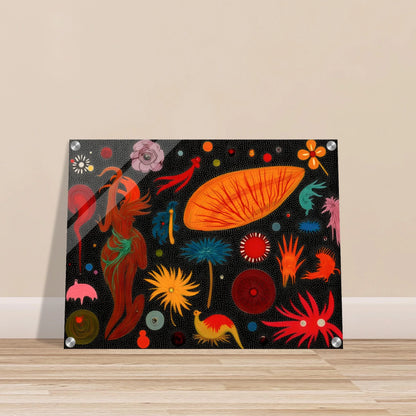 A vivid constellation of surreal floral and animal-like forms scattered over a black dotted background in bright, playful colors.