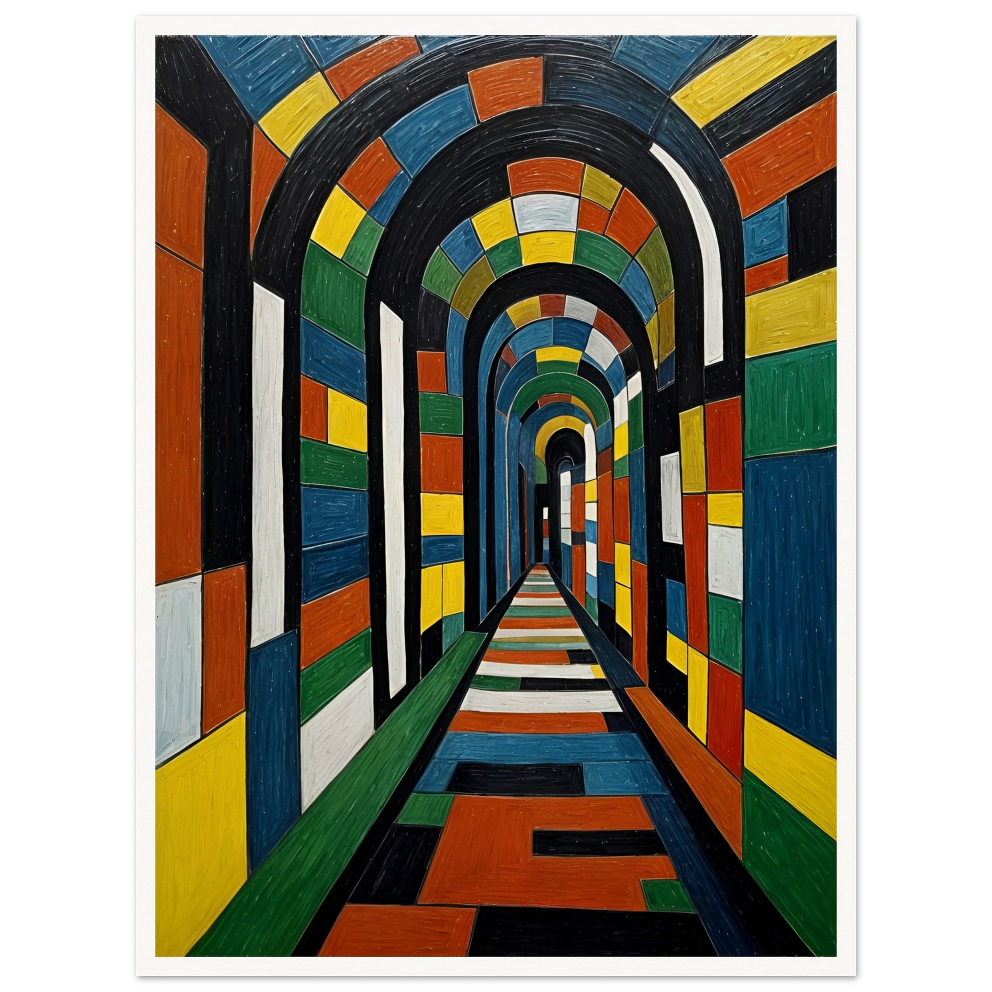 A striking, colorful tunnel with geometric patterns, creating a mesmerizing sense of depth and perspective in a surreal architectural space.