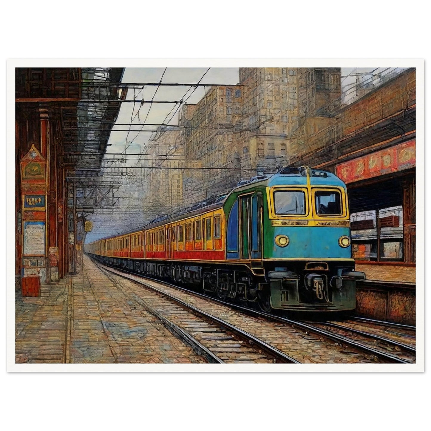 "A detailed painting of a train arriving at an urban station, set against the backdrop of tall buildings and intricate overhead wires, capturing the bustling city atmosphere."