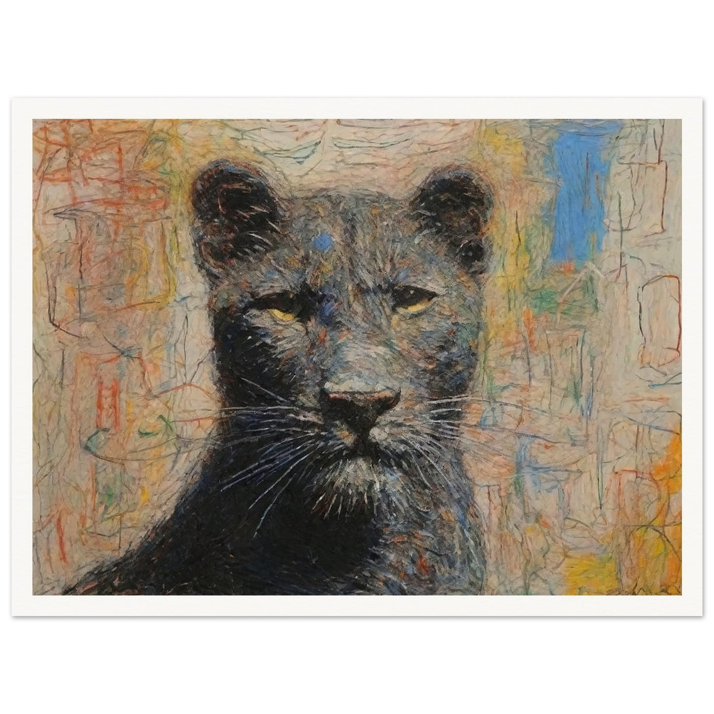 A powerful and regal painting of a panther with piercing yellow eyes and a colorful abstract background.