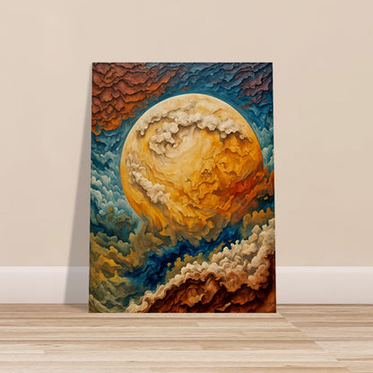 A mesmerizing cosmic painting depicting a massive swirling celestial body with fiery clouds in hues of gold, blue, and crimson.