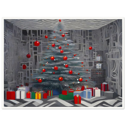 A contemporary holiday scene featuring a decorated Christmas tree with red ornaments, surrounded by colorful wrapped gifts in a geometric-patterned room.